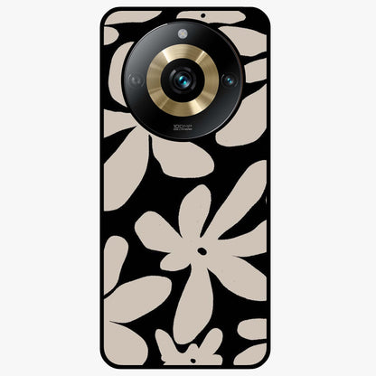 Monochrome Petal Dance Glass Case showing flat back view with monochrome floral artwork and glossy glass finish.