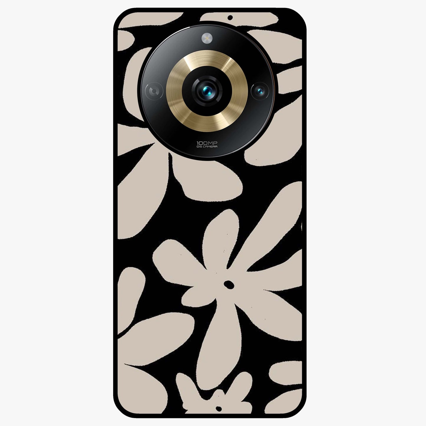 Monochrome Petal Dance Glass Case showing flat back view with monochrome floral artwork and glossy glass finish.