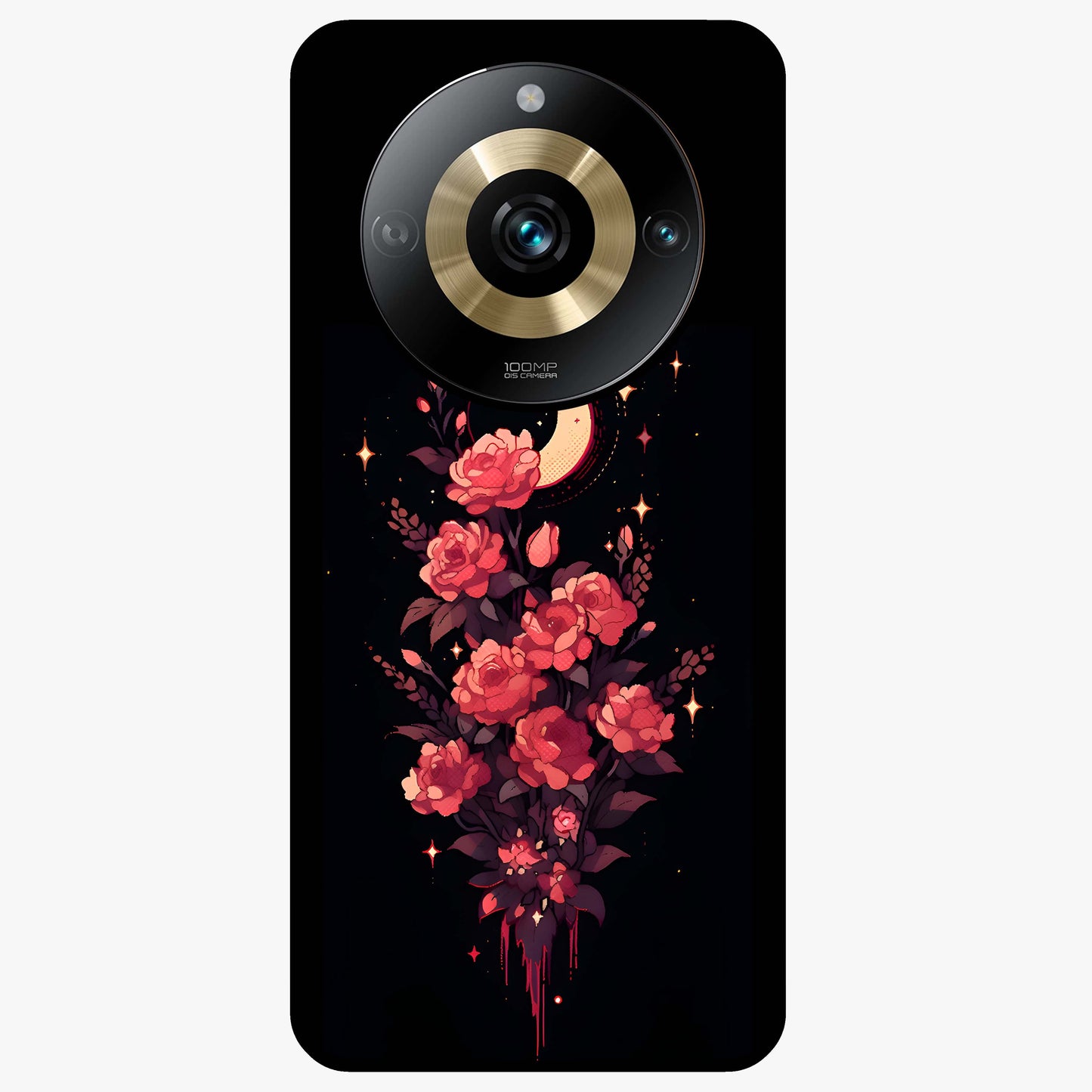Moonlit Floral Elegance Glass Case showing flat back view with elegant floral artwork under moonlit tones and glossy glass finish.