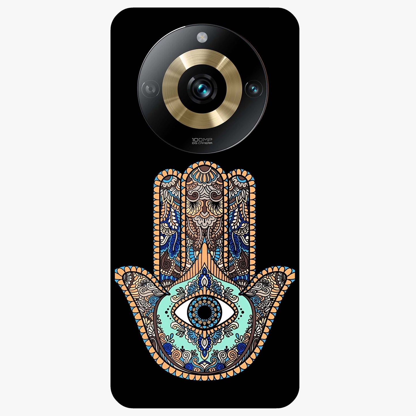 Mystic Hamsa Eye Glass Case showing flat back view with protective hamsa hand and evil eye artwork and glossy glass finish.