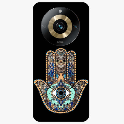 Mystic Hamsa Eye Glass Case showing flat back view with protective hamsa hand and evil eye artwork and glossy glass finish.