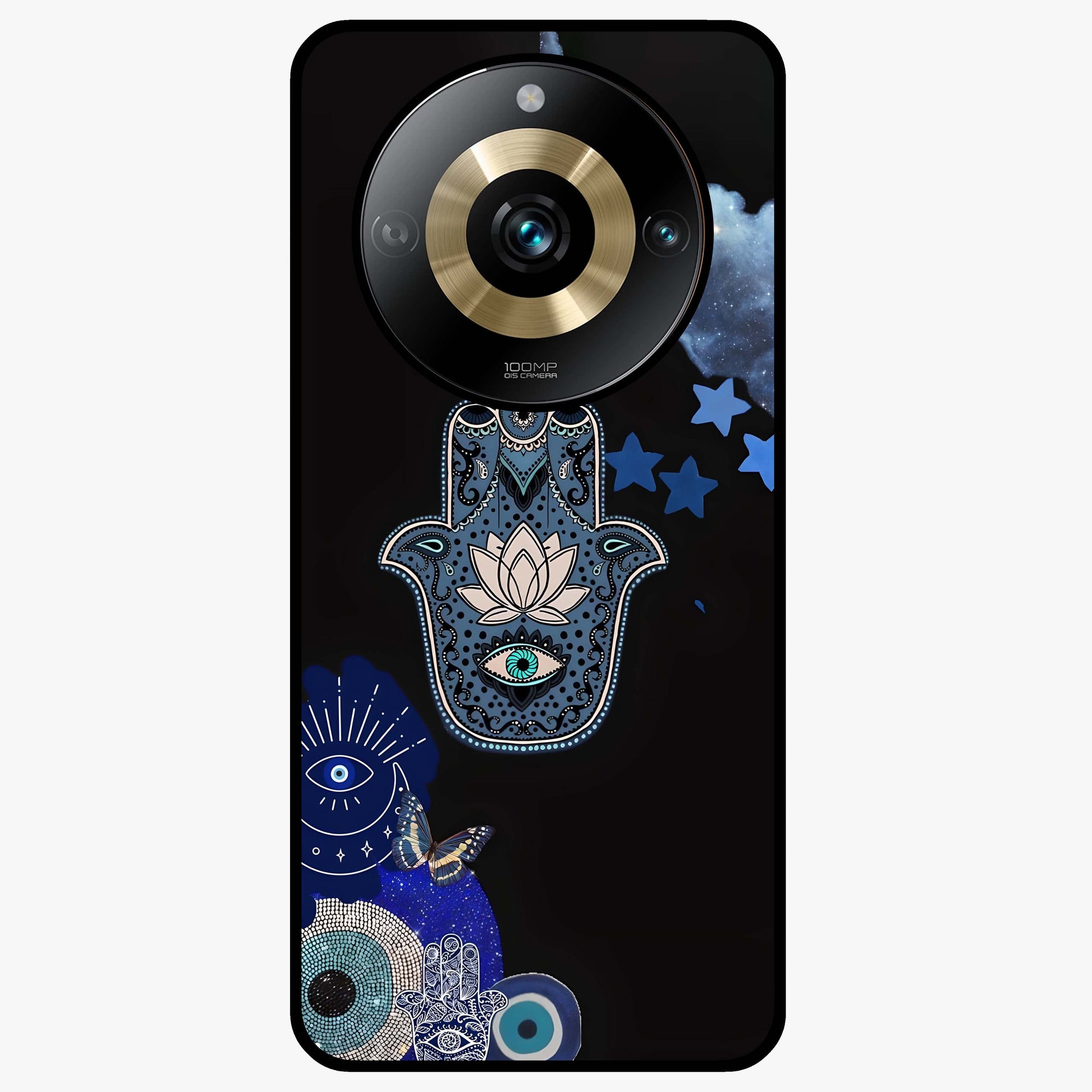 Mystic Hand Aura Glass Case showing flat back view with mystical hand symbol artwork and glossy glass finish.