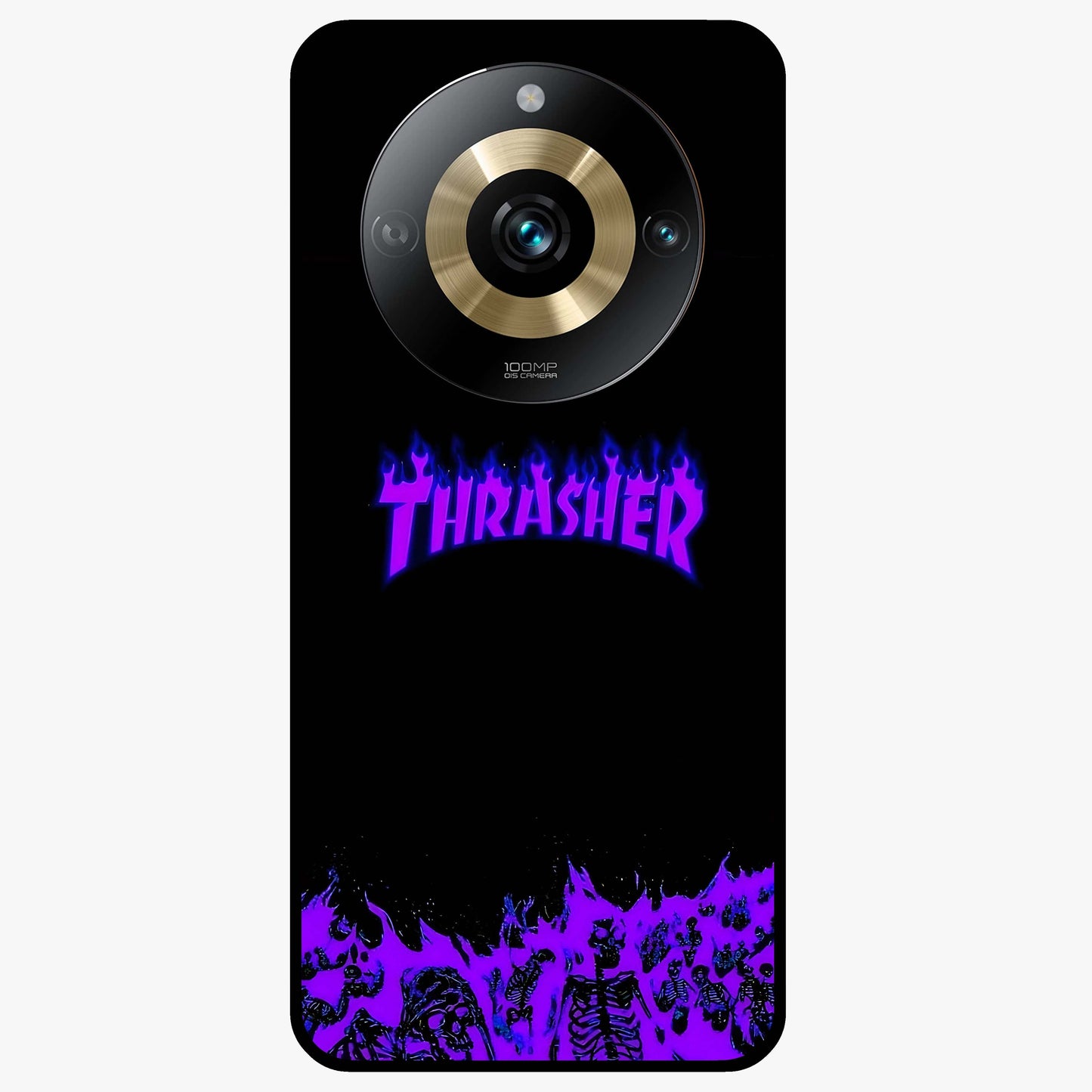 Neon Flame Riot Glass Case showing flat back view with neon flame artwork and glossy glass finish.
