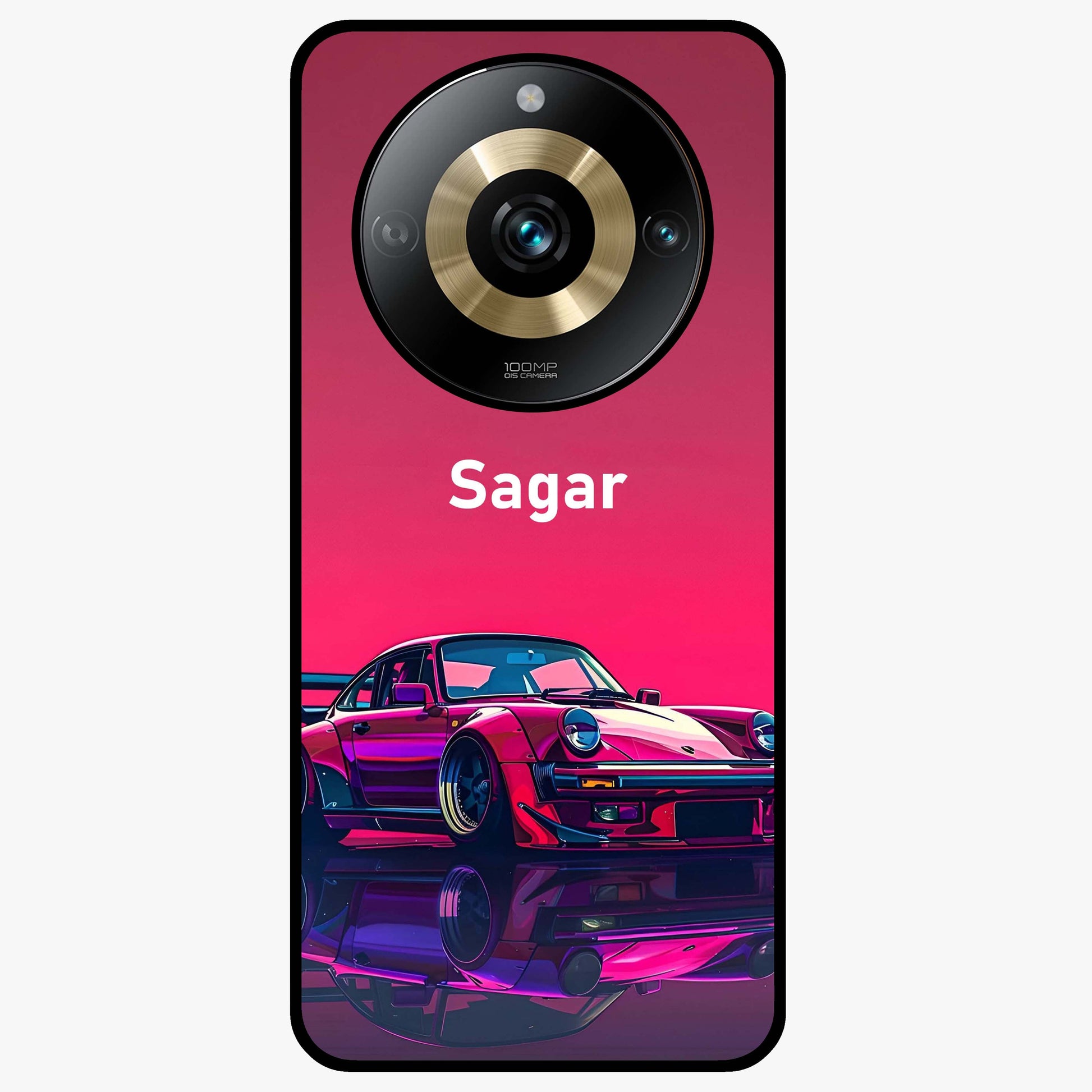 Neon Pink Porsche Glass Case showing flat back view with stylish sports car artwork and glossy glass finish.