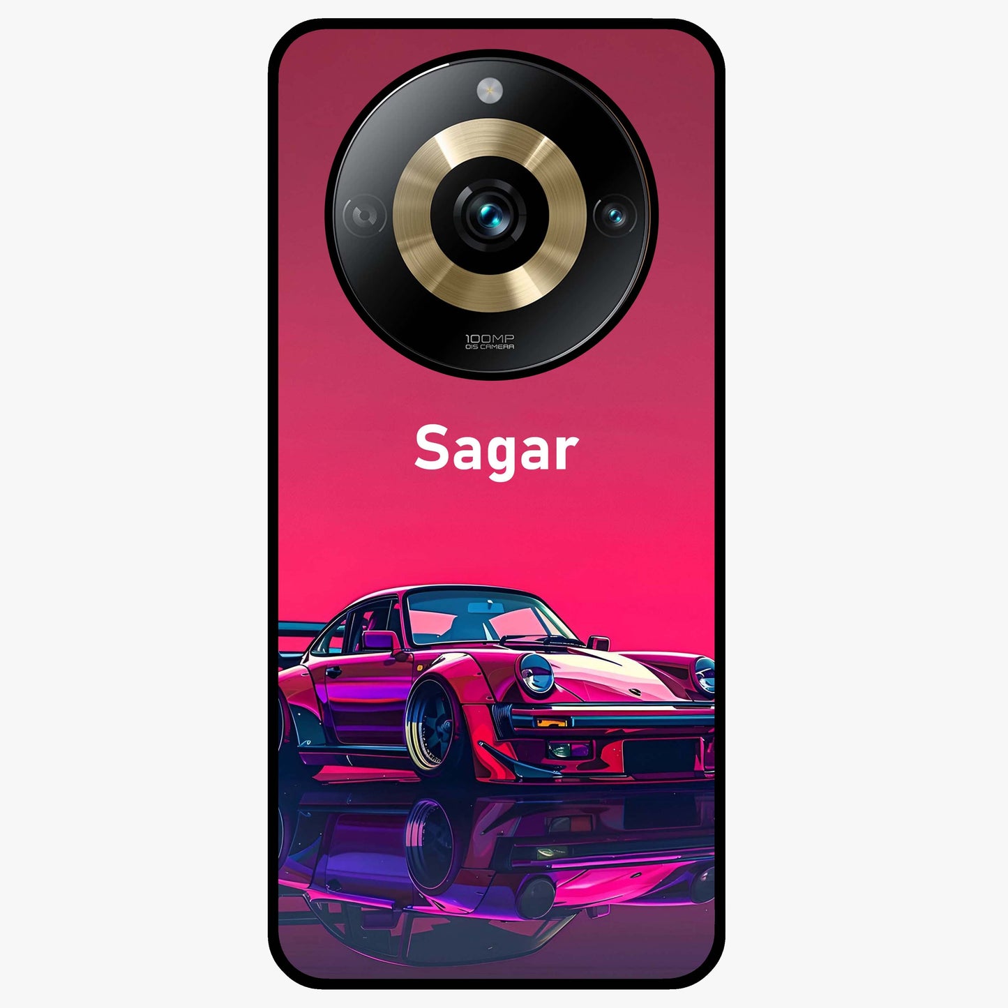 Neon Pink Porsche Glass Case showing flat back view with stylish sports car artwork and glossy glass finish.