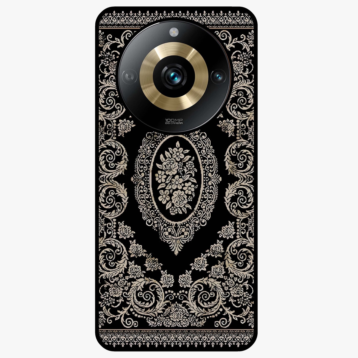Noir Bloom Elegance Glass Case showing flat back view with elegant dark floral artwork and glossy glass finish.