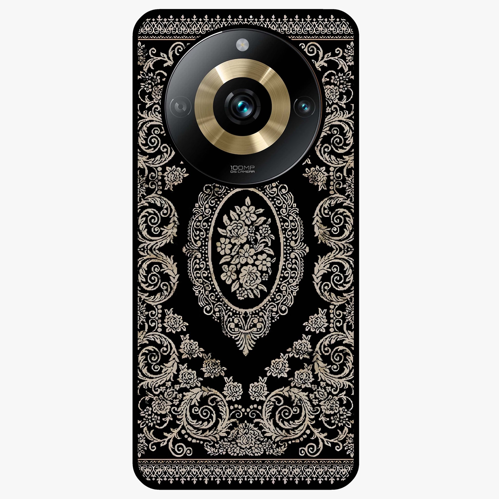 Noir Bloom Elegance Glass Case showing flat back view with elegant dark floral artwork and glossy glass finish.