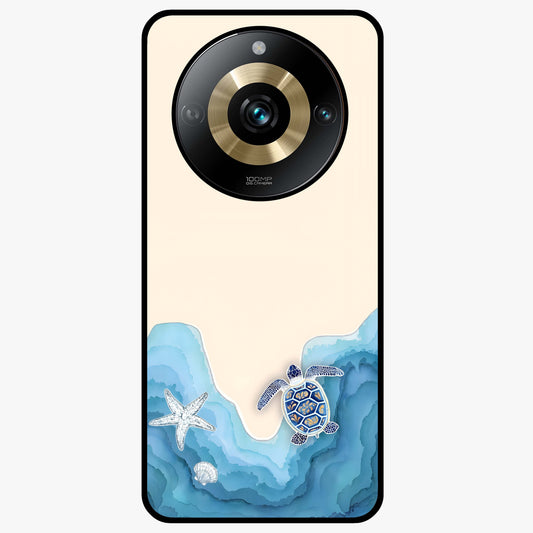 Ocean Drift Turtle Glass Case showing flat back view with sea turtle artwork and glossy glass finish.