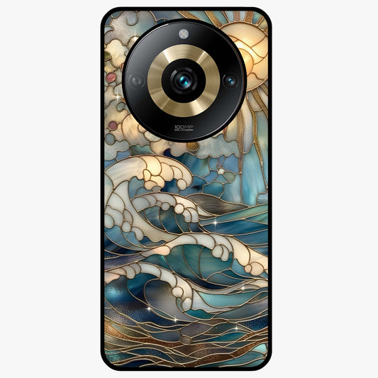 Oceanic Stained Printed Glass Case showing flat back view with ocean inspired stained pattern artwork and glossy glass finish.