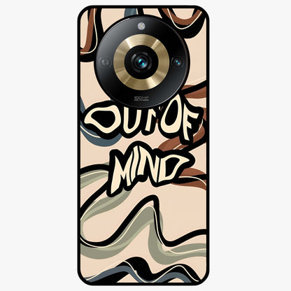 Out Of Mind Glass Case showing flat back view with expressive typography artwork and glossy glass finish.
