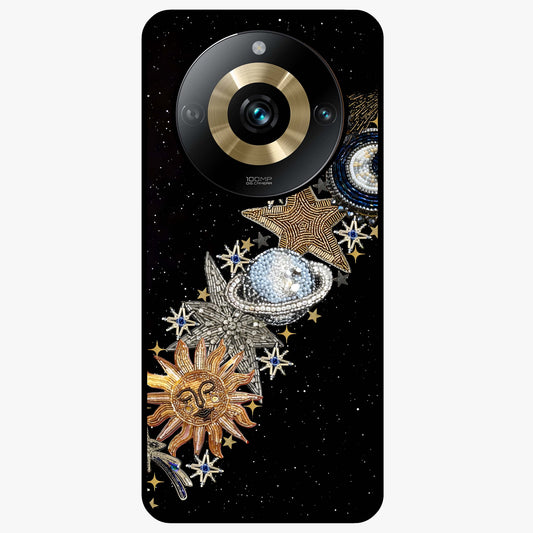 Pearls Universe Object Glass Case showing flat back view with pearl inspired cosmic artwork and glossy glass finish.