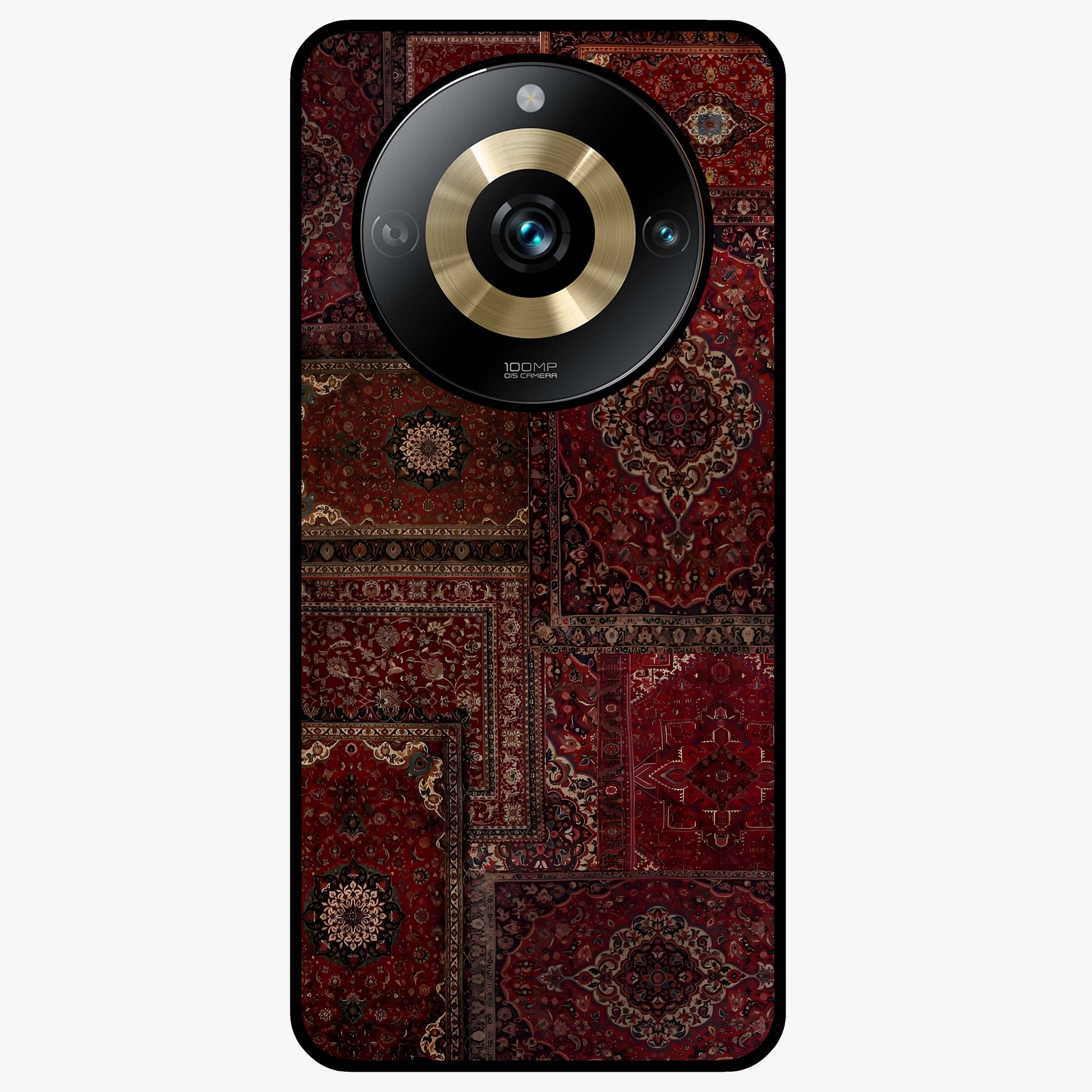 Persian Velvet Tale Glass Case showing flat back view with luxurious Persian velvet pattern artwork and glossy glass finish.