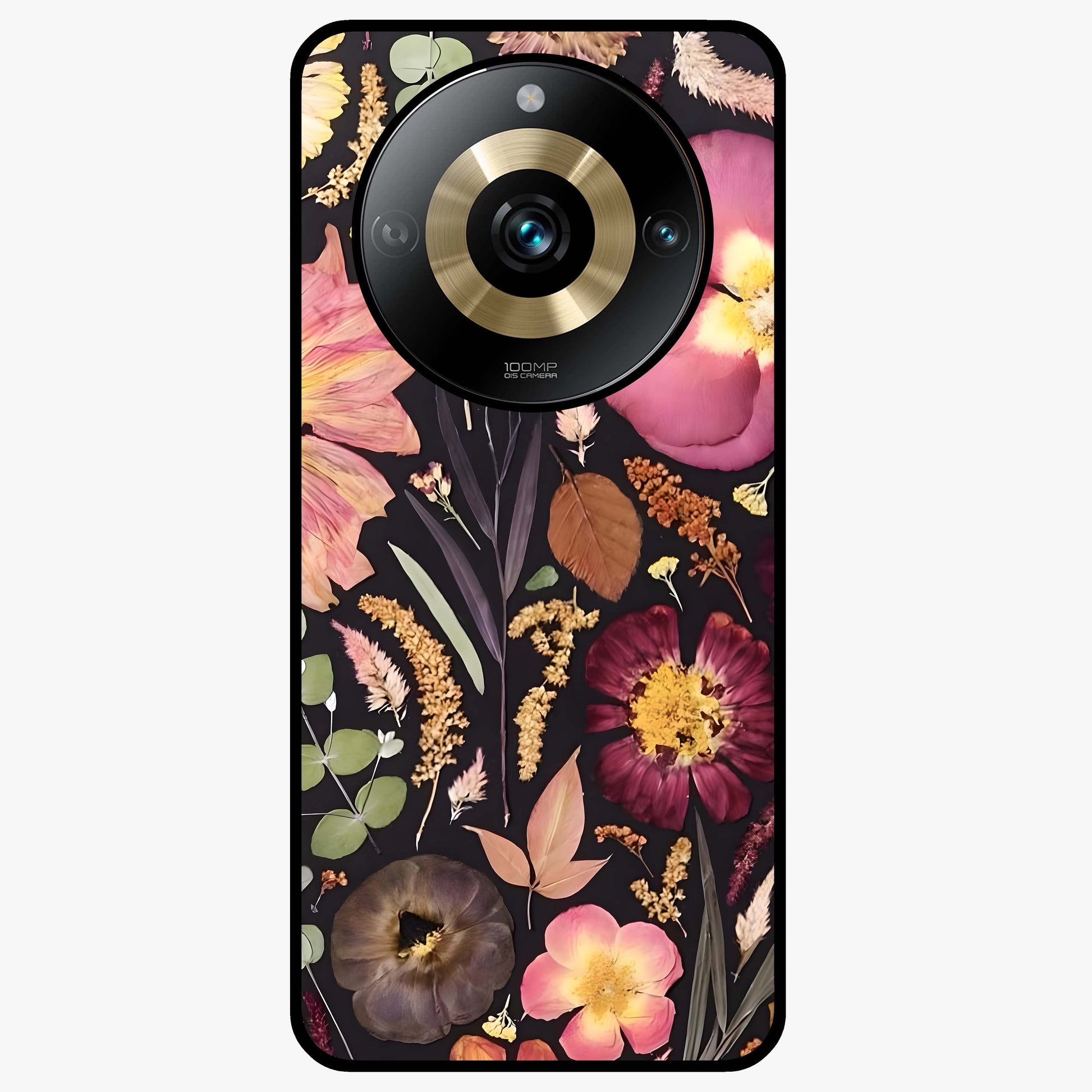 Petal Dream Tapestry Glass Case showing flat back view with intricate floral tapestry artwork and glossy glass finish.