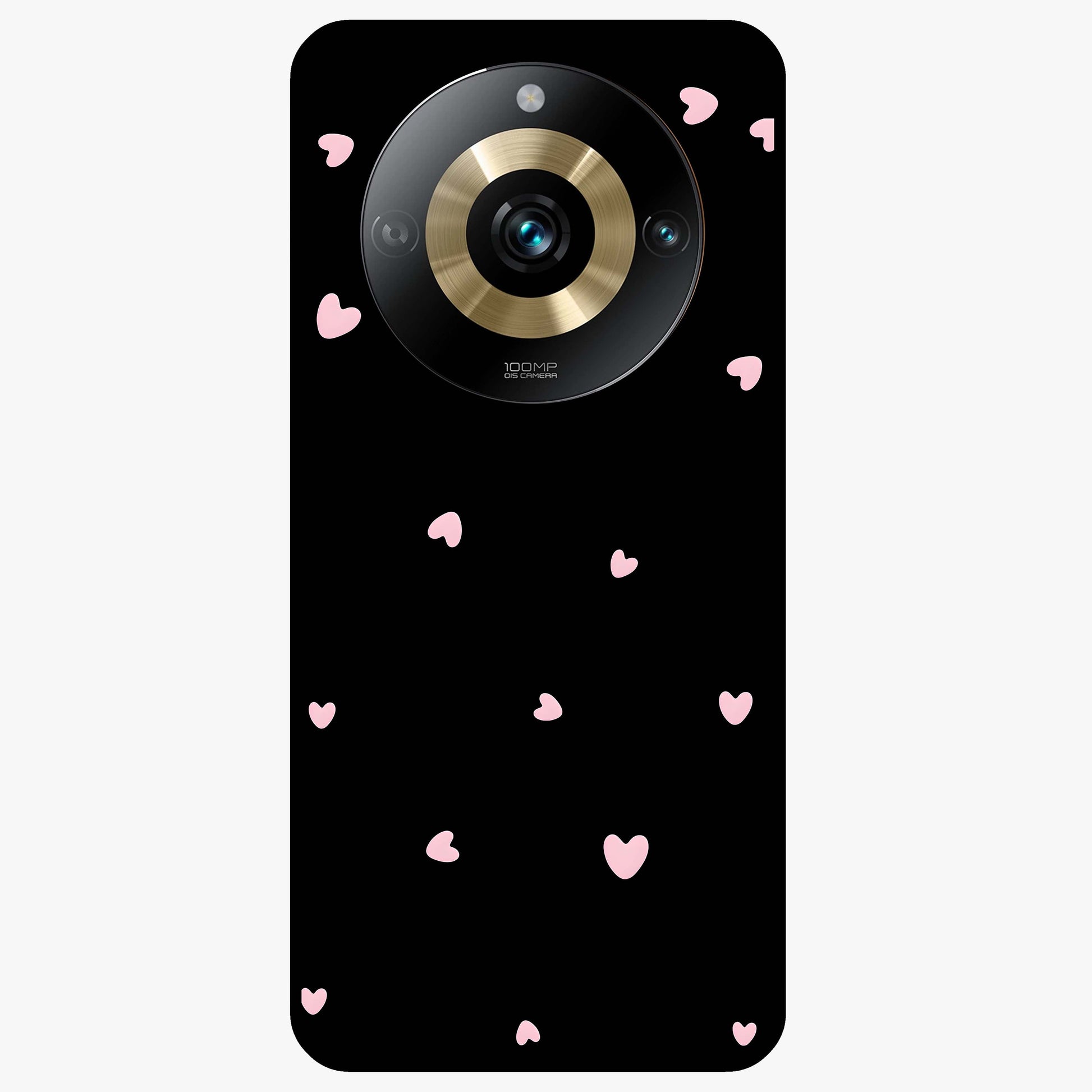 Pink Love Drops Glass Case showing flat back view with playful pink heart drops artwork and glossy glass finish.