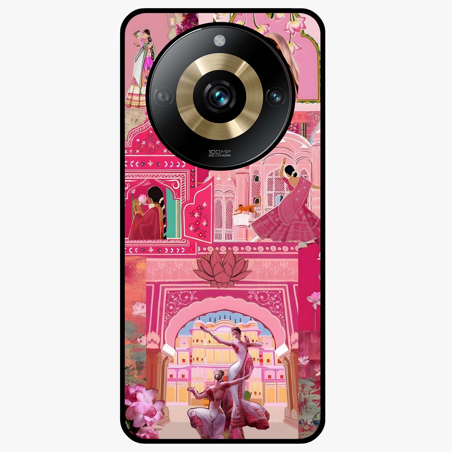 Pink Palace Muse Glass Case showing flat back view with elegant palace inspired artwork and glossy glass finish.