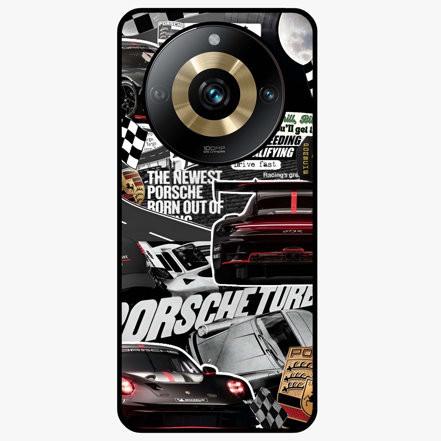 Porsche Racing Collage Glass Case showing flat back view with sports car racing collage artwork and glossy glass finish.