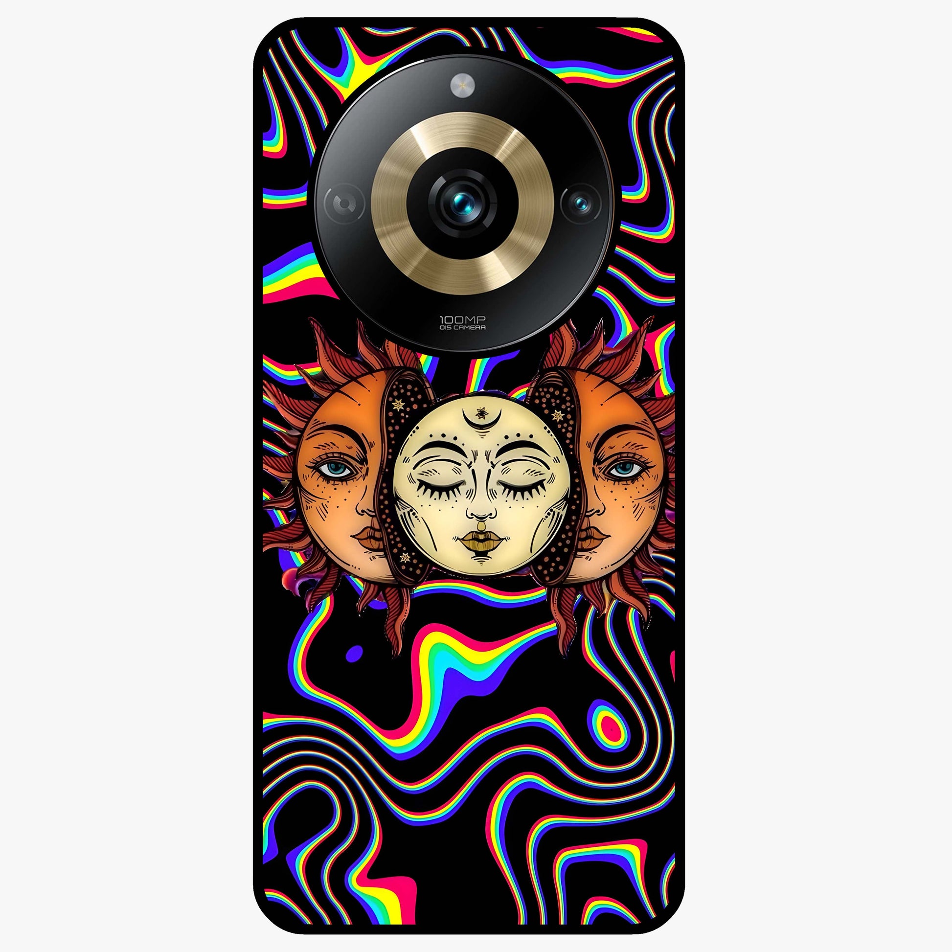 Psychedelic Sun Glass Case showing flat back view with colorful psychedelic sun artwork and glossy glass finish.