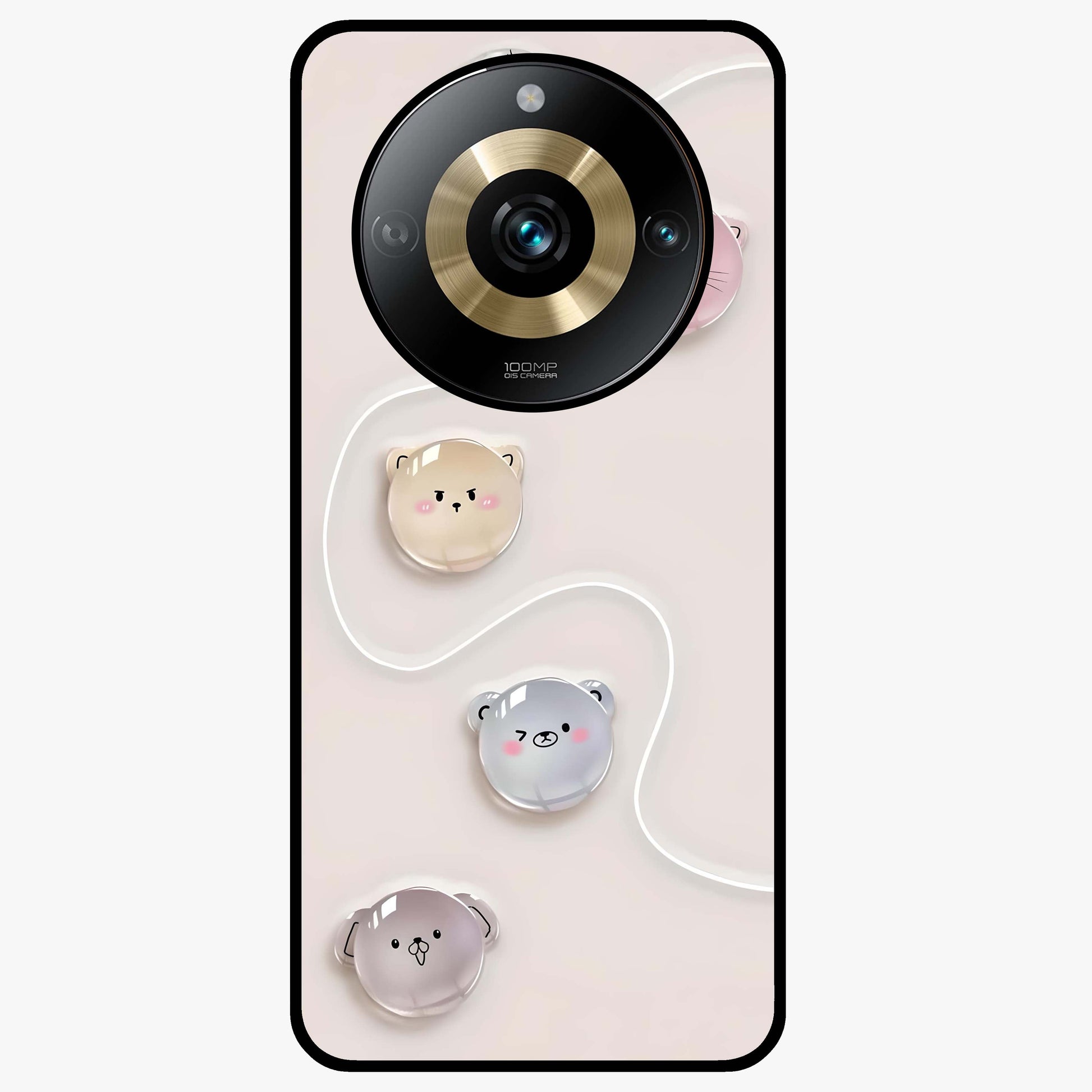 Puffy Face Parade Glass Case showing flat back view with cute puffy character faces artwork and glossy glass finish.