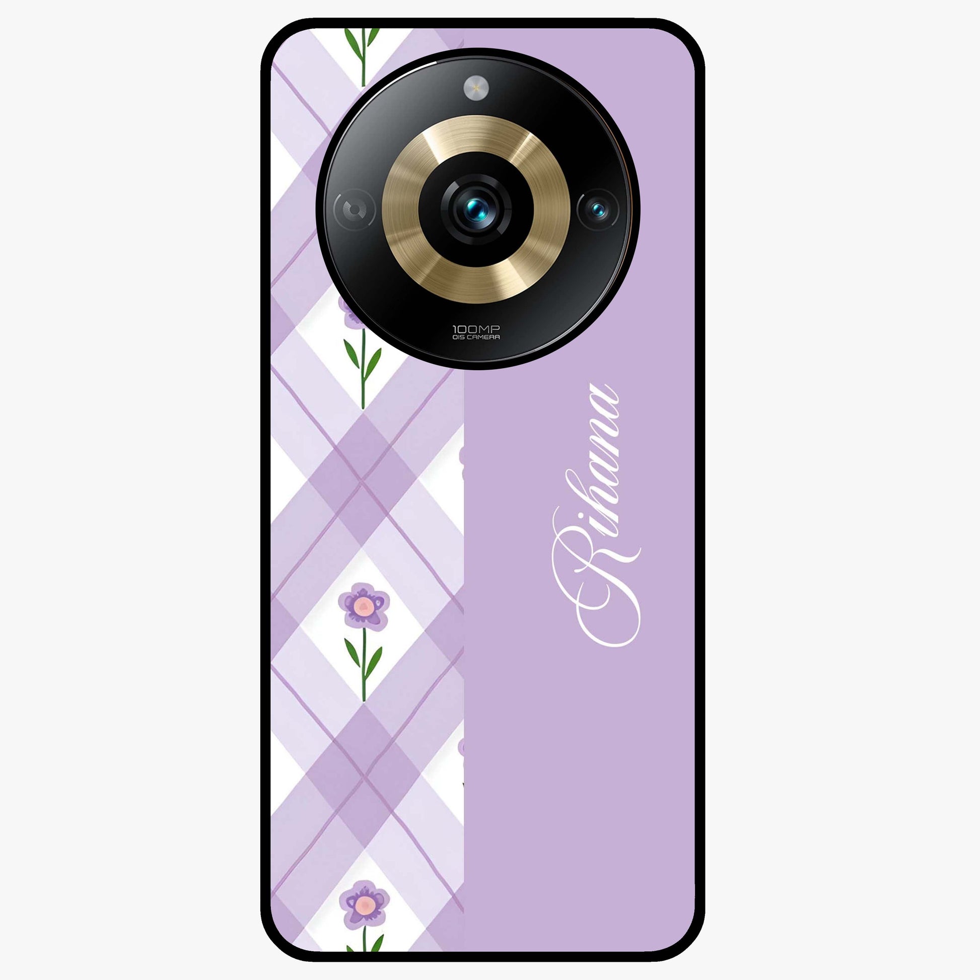 Purple Diamond Floral Glass Case showing flat back view with diamond shaped floral artwork and glossy glass finish.