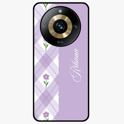 Purple Diamond Floral Glass Case showing flat back view with diamond shaped floral artwork and glossy glass finish.