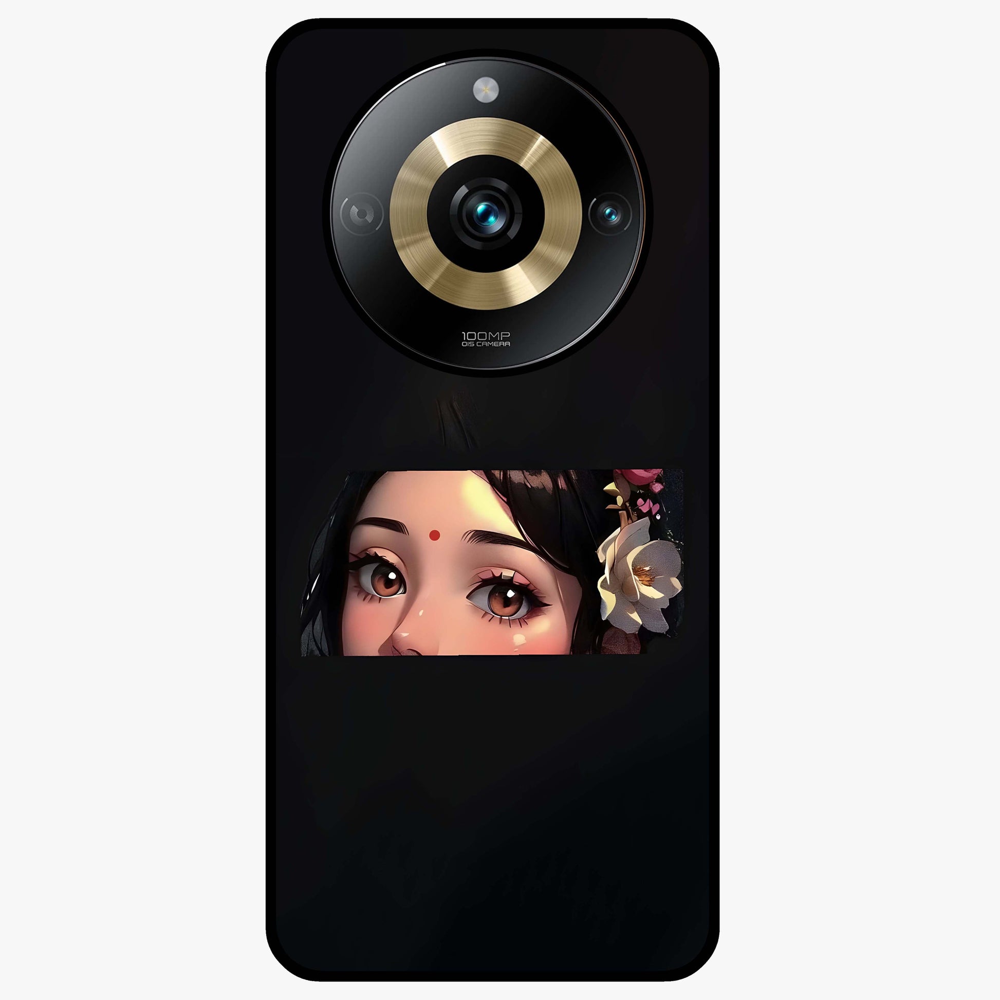 Radha Divine Embrace Glass Case showing flat back view with devotional Radha artwork and glossy glass finish.