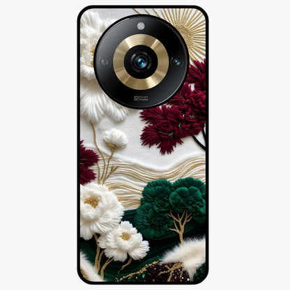Radiant Bloom Elegance Glass Case showing flat back view with elegant blooming flower artwork and glossy glass finish.