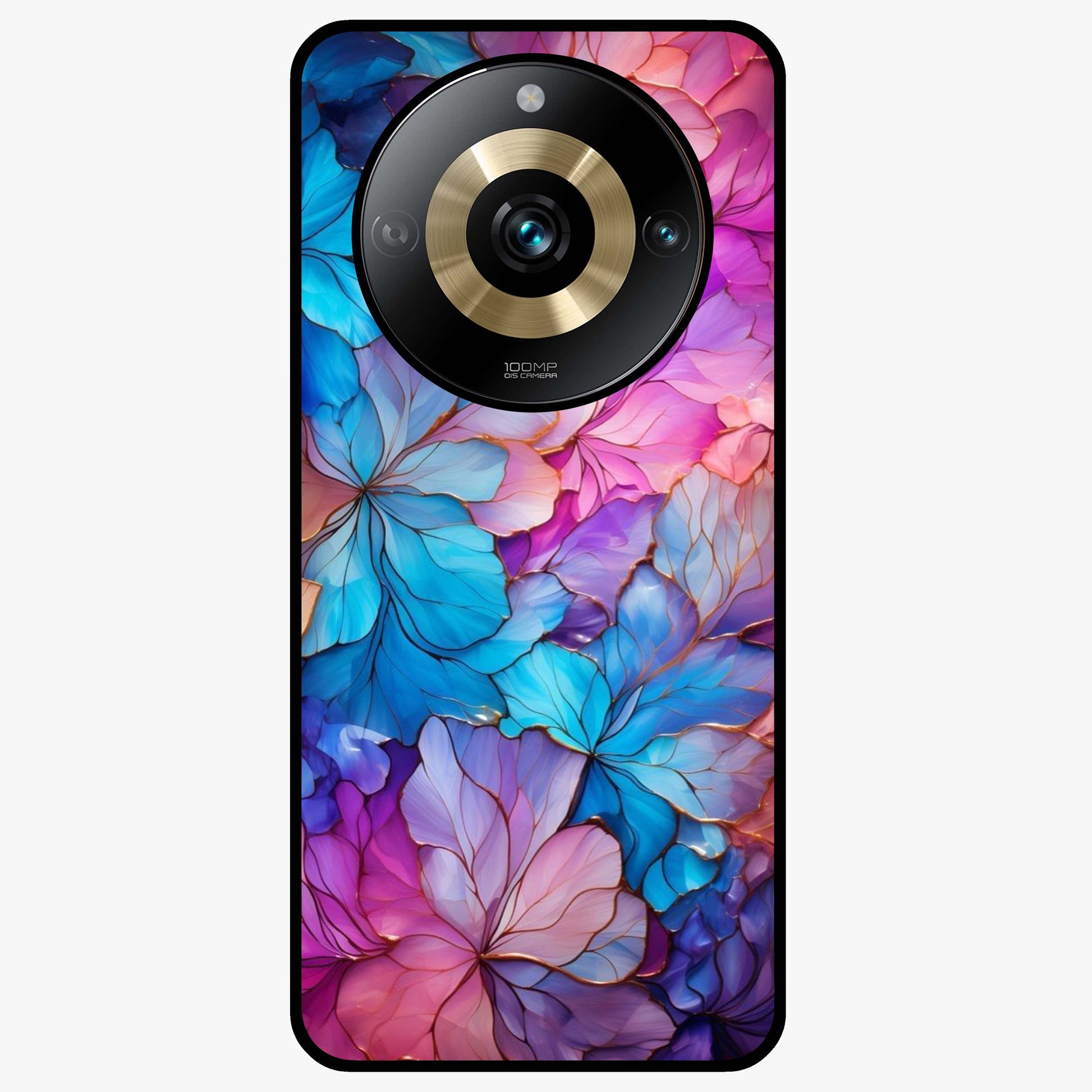 Radiant Floral Whirl Glass Case showing flat back view with swirling floral artwork and glossy glass finish.