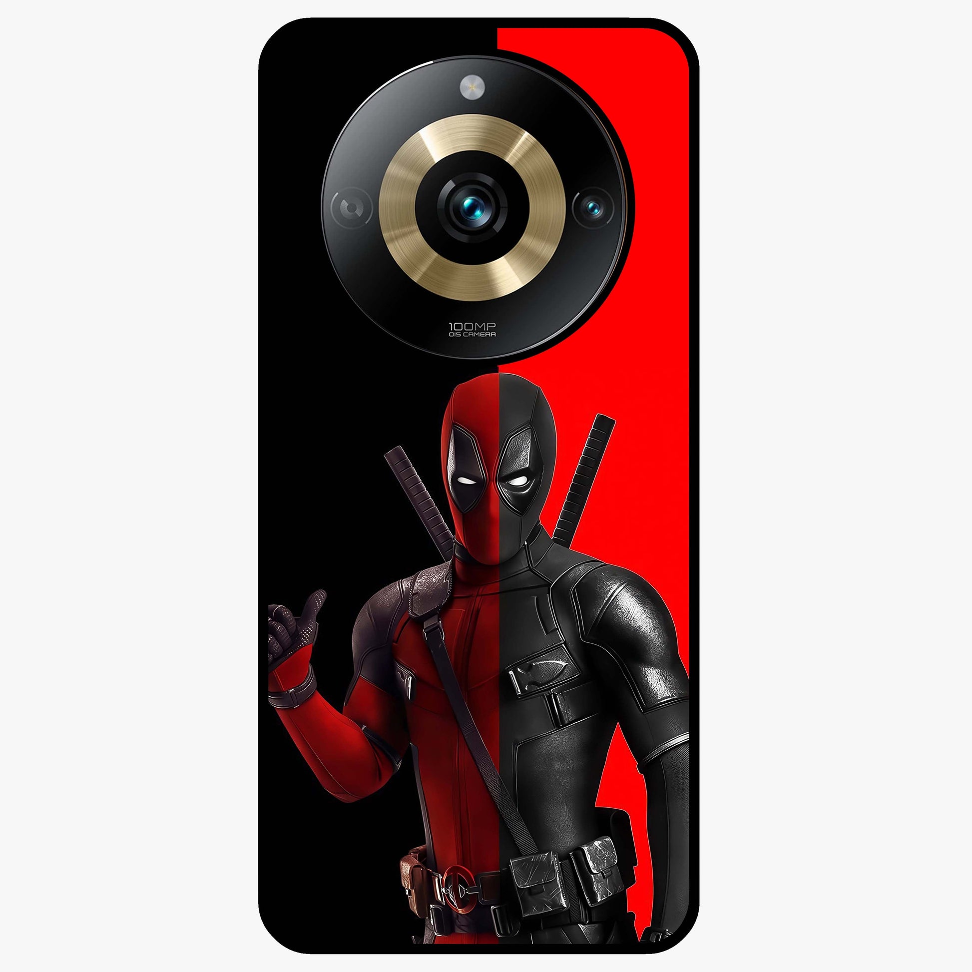Red & Black Deadpool Theme Glass Case showing flat back view with bold comic inspired artwork and glossy glass finish.