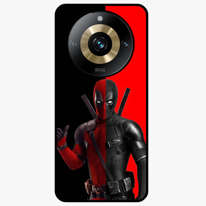 Red & Black Deadpool Theme Glass Case showing flat back view with bold comic inspired artwork and glossy glass finish.