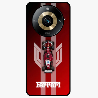 Red Ferrari F1 Vertical Glass Case showing flat back view with sleek Formula racing car artwork and glossy glass finish.