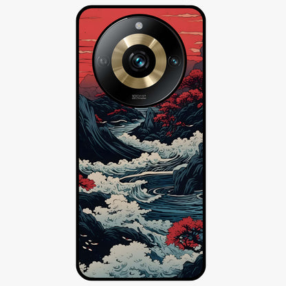 Red Sunset Scenery Glass Case showing flat back view with vibrant sunset landscape artwork and glossy glass finish.