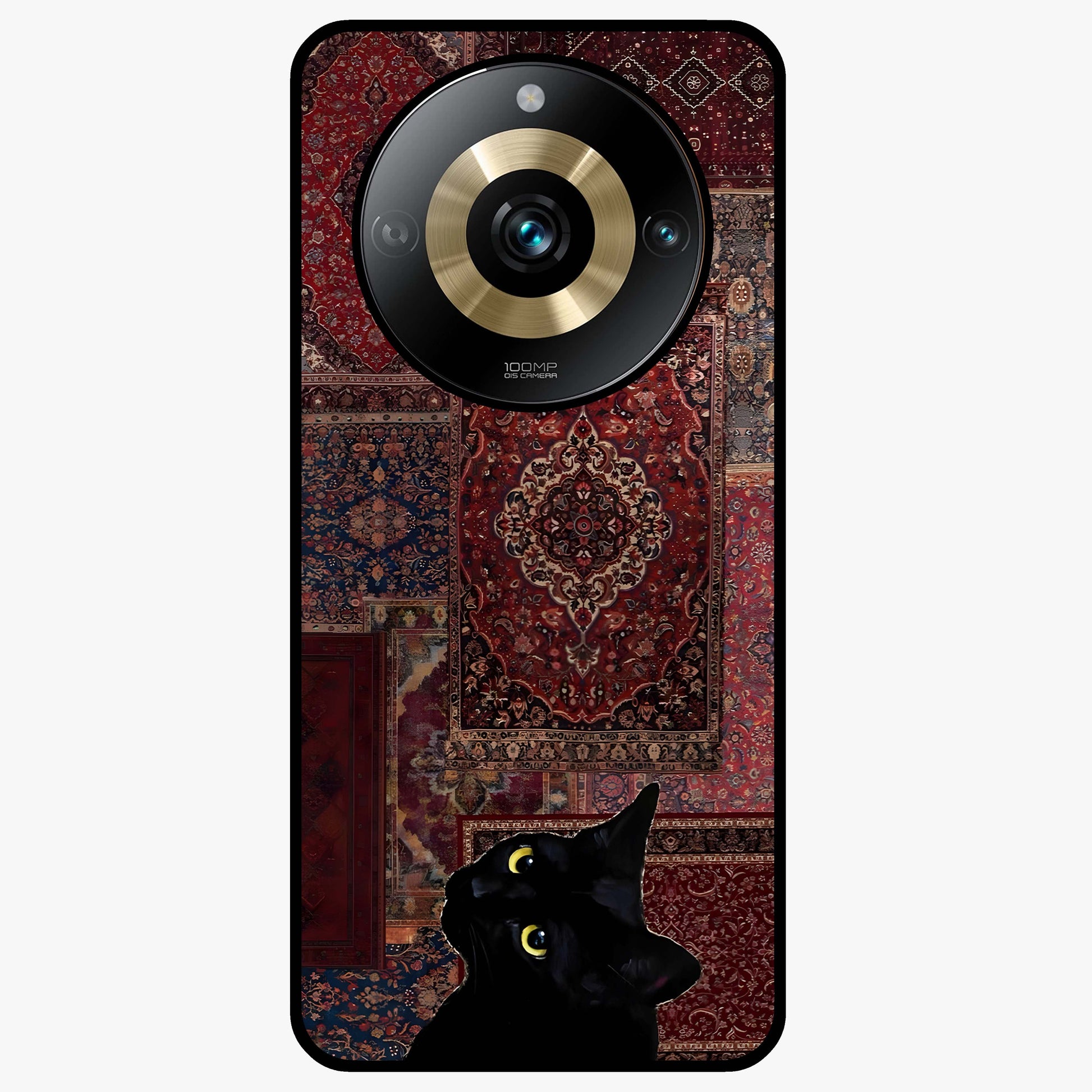 Regal Magic Cat Apple Glass Case showing flat back view with magical cat artwork holding apple and glossy glass finish.