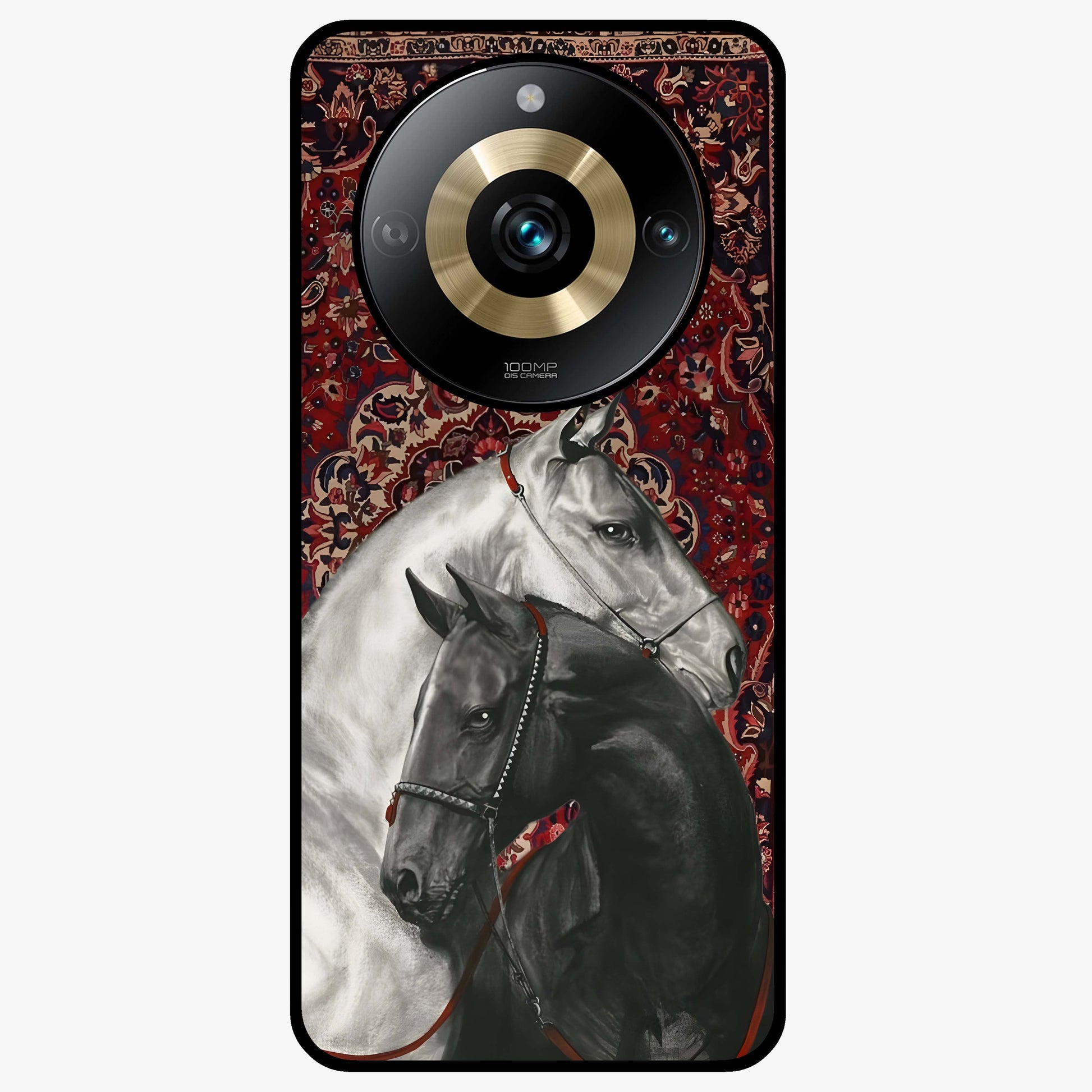 Regal Stallion Tapestry Glass Case showing flat back view with majestic horse tapestry artwork and glossy glass finish.