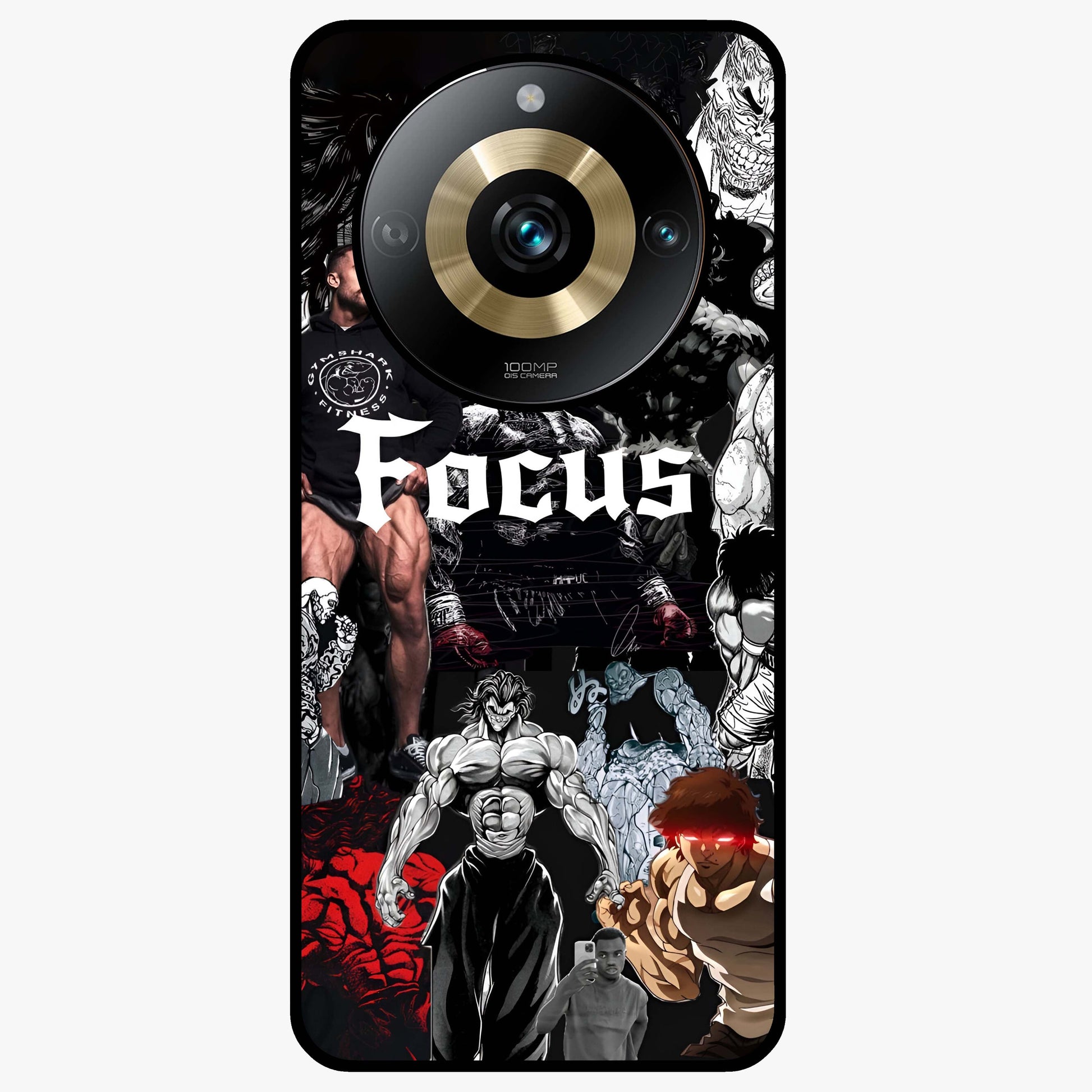 Relentless Power Focus Glass Case showing flat back view with motivational typography artwork and glossy glass finish.