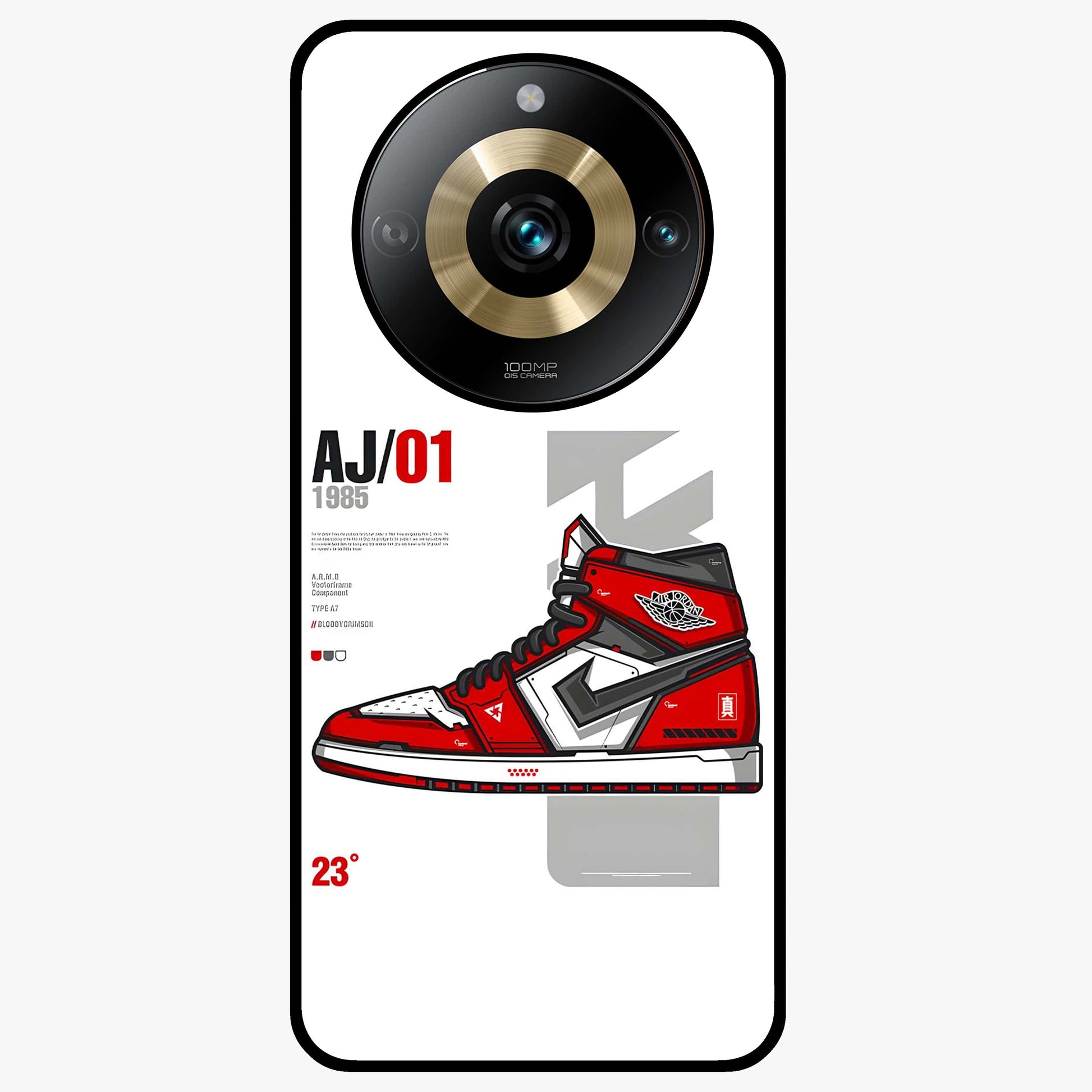 Retro Sneaker Blueprint Glass Case showing flat back view with sneaker blueprint style artwork and glossy glass finish.