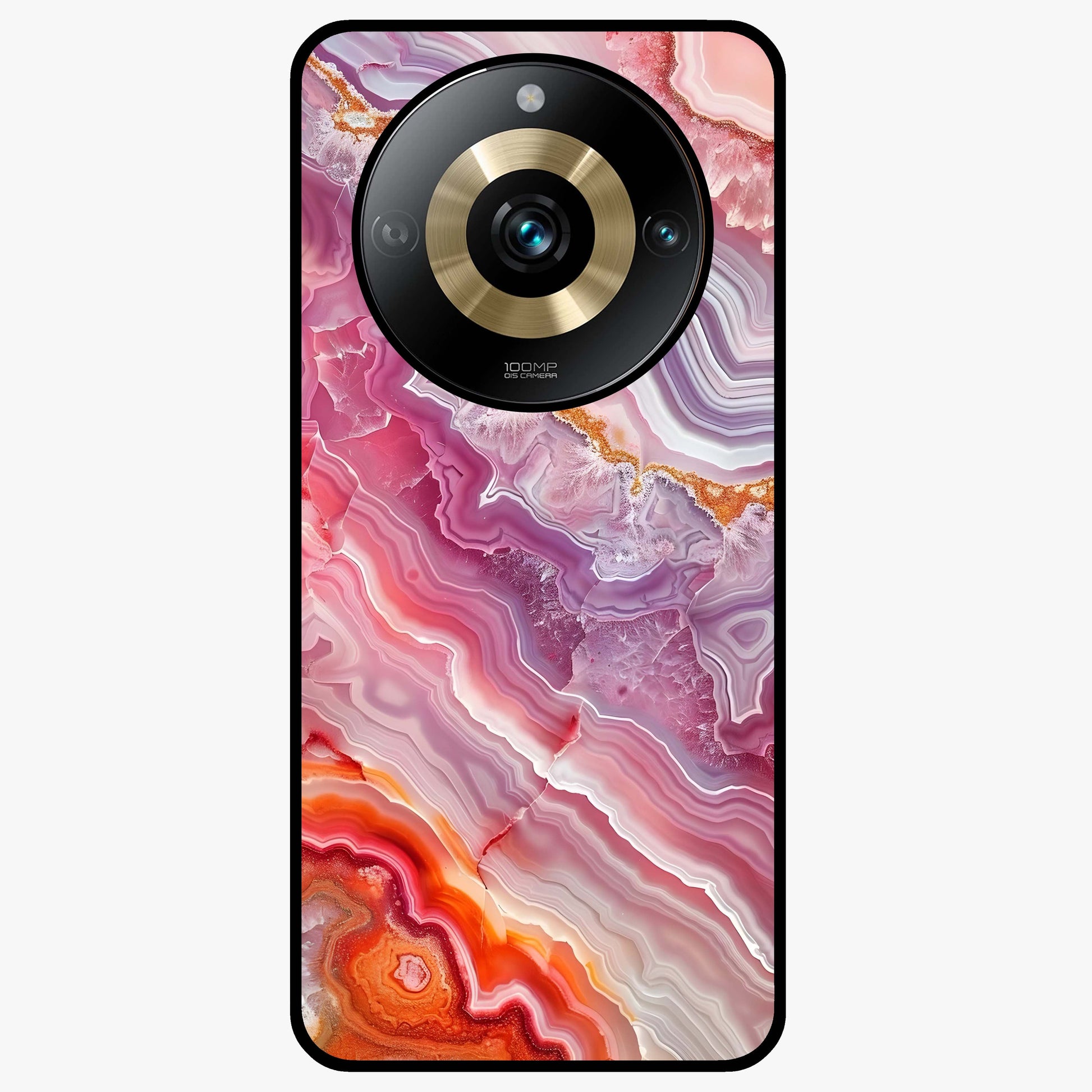 Rose Quartz Marble Glass Case showing flat back view with pink marble quartz texture artwork and glossy glass finish.