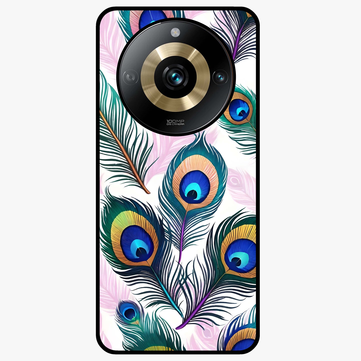 Royal Peacock Feathers Glass Case showing flat back view with colorful peacock feather artwork and glossy glass finish.