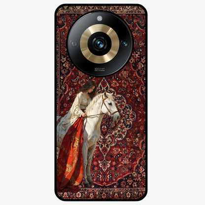 Royal Rider Tapestry Glass Case showing flat back view with majestic horse rider tapestry artwork and glossy glass finish.
