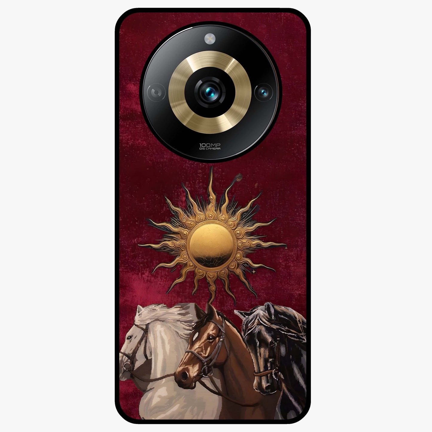 Solar Riders Glass Case showing flat back view with dynamic rider themed artwork and glossy glass finish.