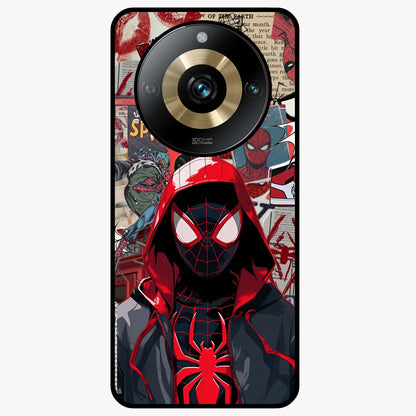 Spider Collage Street Glass Case showing flat back view with vibrant superhero collage artwork and glossy glass finish.