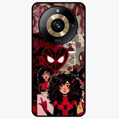 Spider Love Story Glass Case showing flat back view with romantic superhero themed artwork and glossy glass finish.