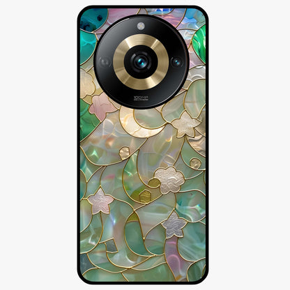 Stained Sunrise Glow Glass Case showing flat back view with glowing sunrise stained pattern artwork and glossy glass finish.