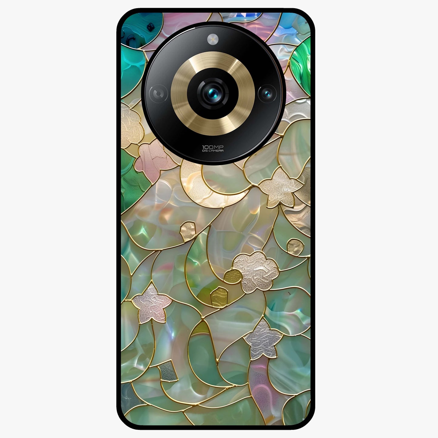 Stained Sunrise Glow Glass Case showing flat back view with glowing sunrise stained pattern artwork and glossy glass finish.