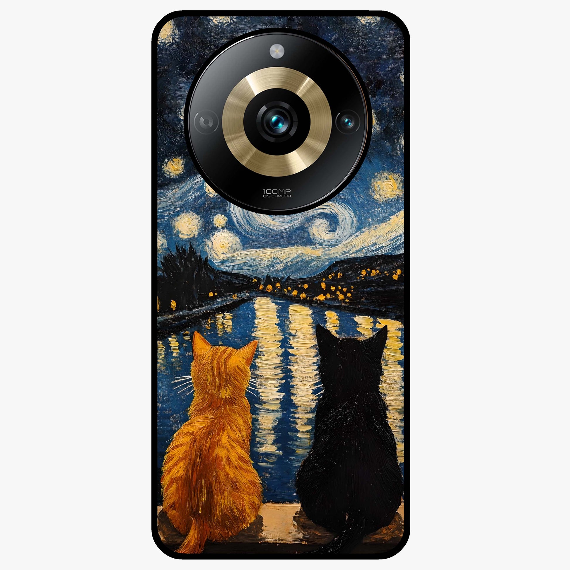 Starry River Cats Glass Case showing flat back view with cats by a starry river artwork and glossy glass finish.