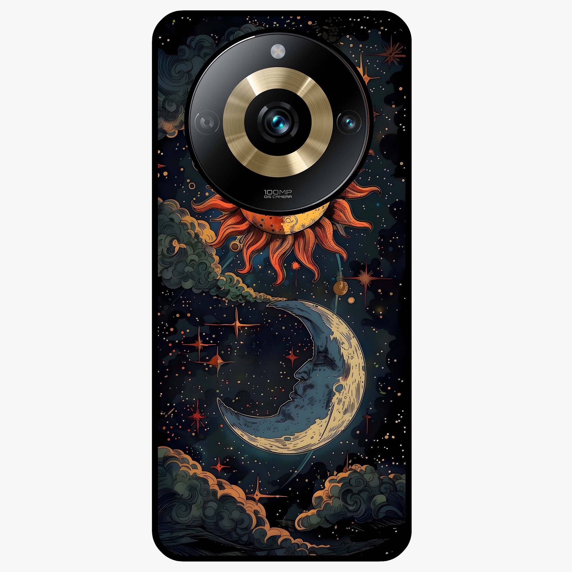 Sun And Moon Magic Design Glass Case showing flat back view with mystical sun and moon artwork and glossy glass finish.