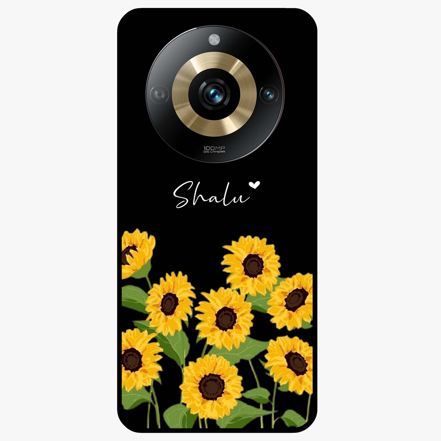 Sunflower Chic Mood Custom Name Glass Case showing flat back view with stylish sunflower artwork and personalized name design.