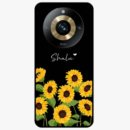 Sunflower Chic Mood Custom Name Glass Case showing flat back view with stylish sunflower artwork and personalized name design.