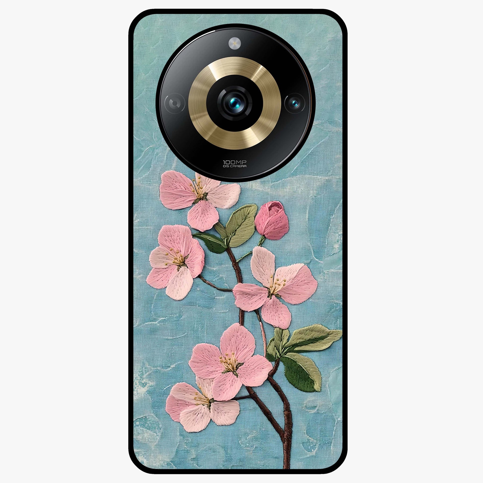 Threaded Blossom Breeze Glass Case showing flat back view with delicate blossom artwork and glossy glass finish.