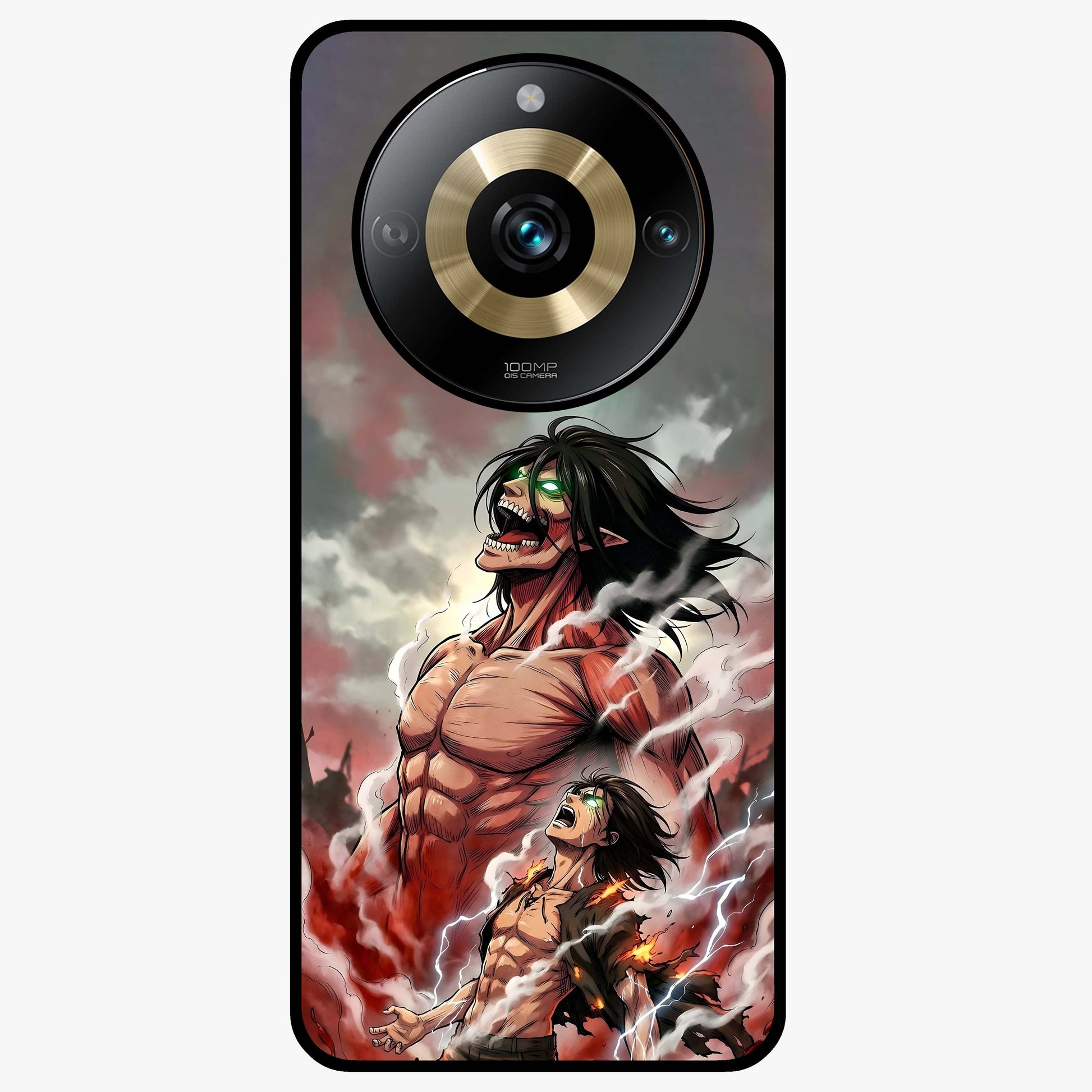 Titan Awakening Fury Glass Case showing flat back view with powerful titan inspired artwork and glossy glass finish.