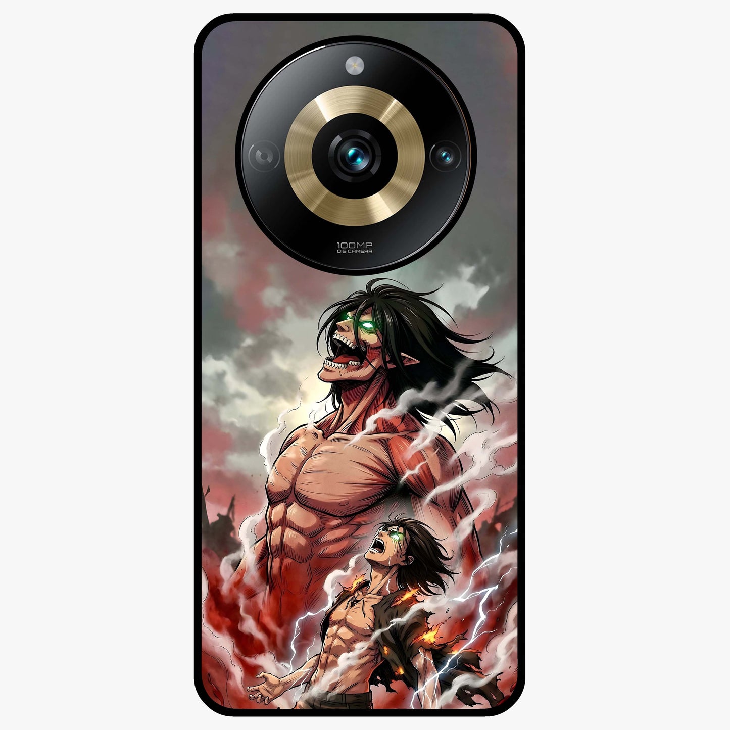 Titan Awakening Fury Glass Case showing flat back view with powerful titan inspired artwork and glossy glass finish.